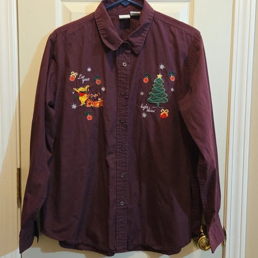 Disney Winnie The Pooh Embroidered Christmas Button Down Maroon Blouse size XL - Picture 1 of 9